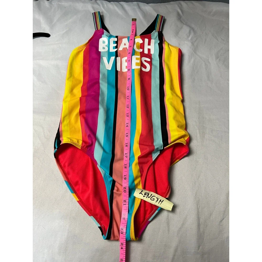 Wonder Nation Girls Beach Vibes Striped One Piece Swimsuit Multi Color Sz 10-12